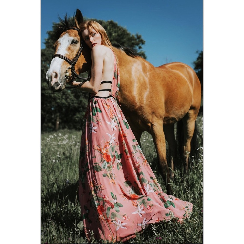 Floor-length petal pink floral dress w cut outs